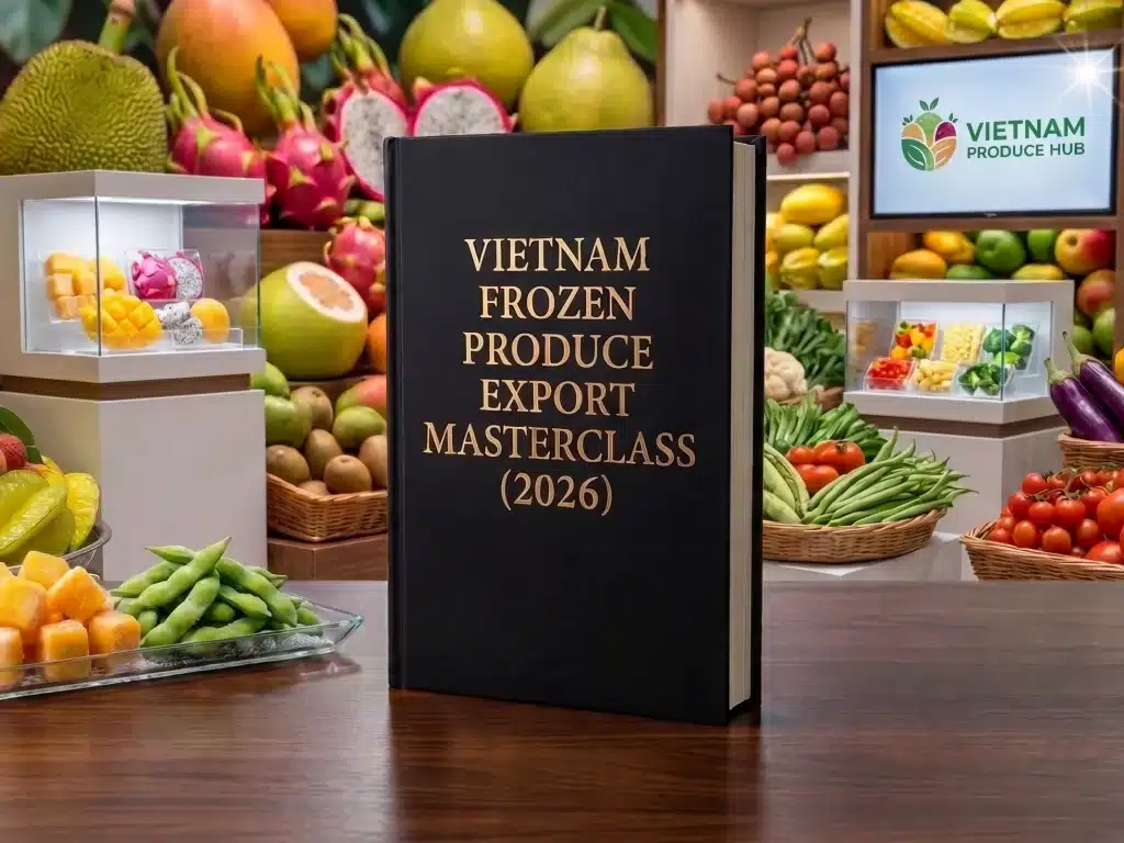 frozen fruits and vegetables from Vietnam Export Masterclass 2026 book on a wooden desk with a display of frozen mango cubes, edamame, and tropical fruits in the background.