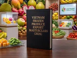 frozen fruits and vegetables from Vietnam Export Masterclass 2026 book on a wooden desk with a display of frozen mango cubes, edamame, and tropical fruits in the background.